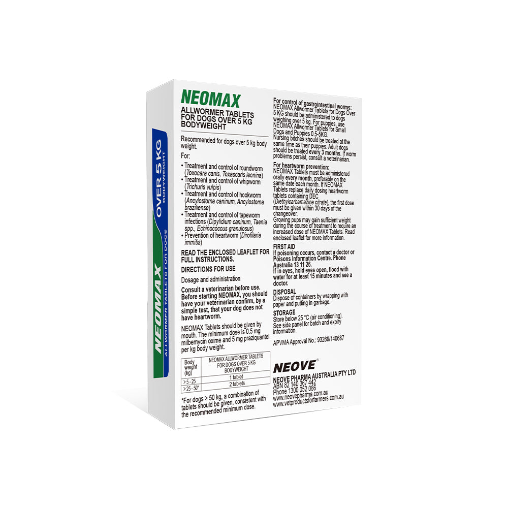 Neomax Allwormer For Dogs Over 5kg 2 Tablets - Free Shipping
