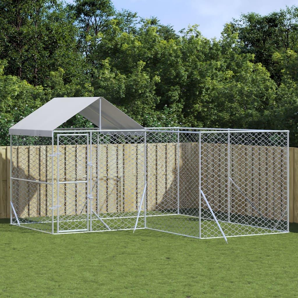 Outdoor Dog Kennel with Roof Silver 4x4x2.5 m
