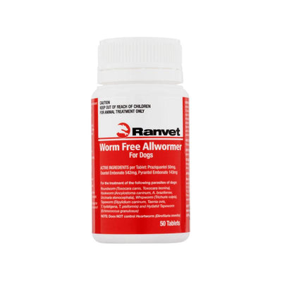 Ranvet Worm Free Dogs Allwormer Treatment Red 10kg 50 Tablets