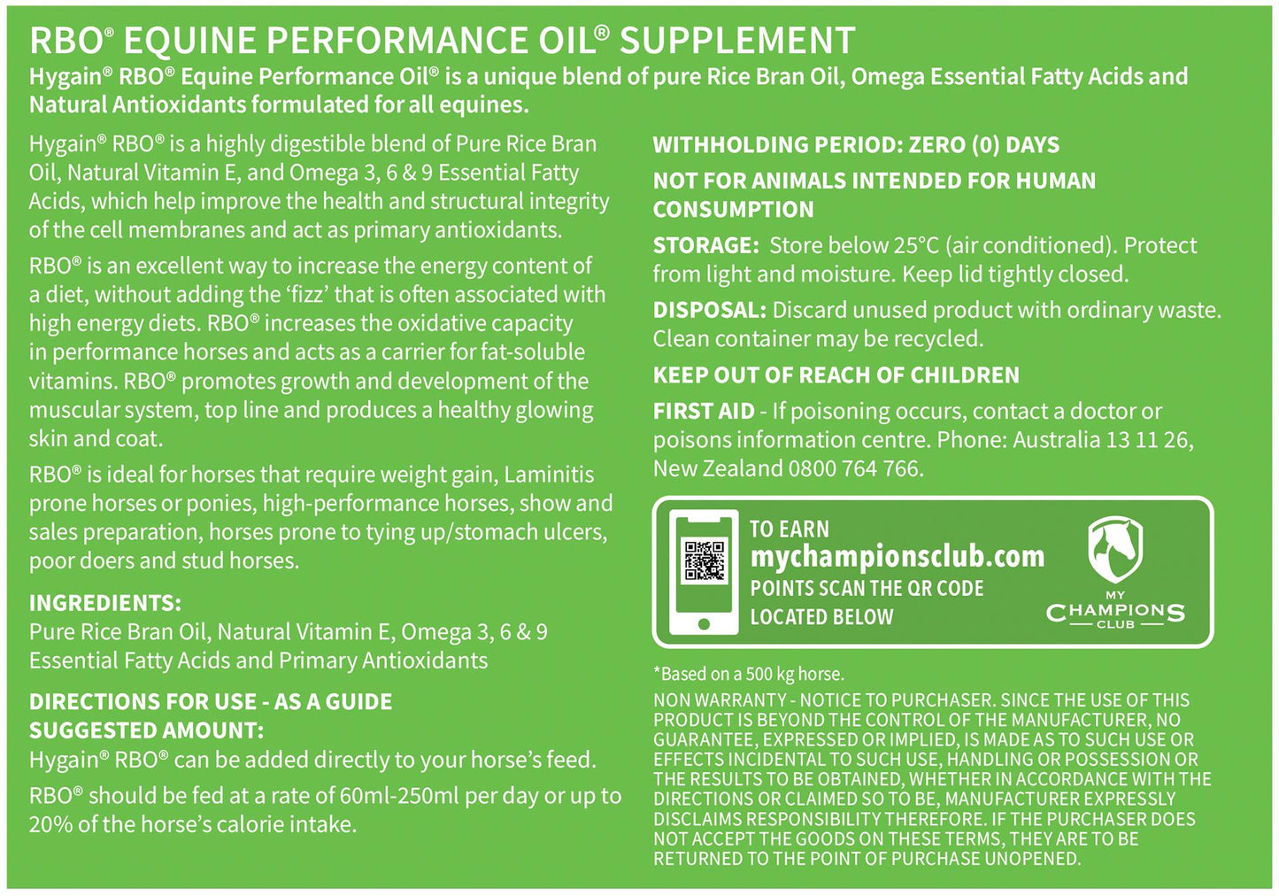 Hygain Rice Bran Oil Horses Performance Supplement 20L