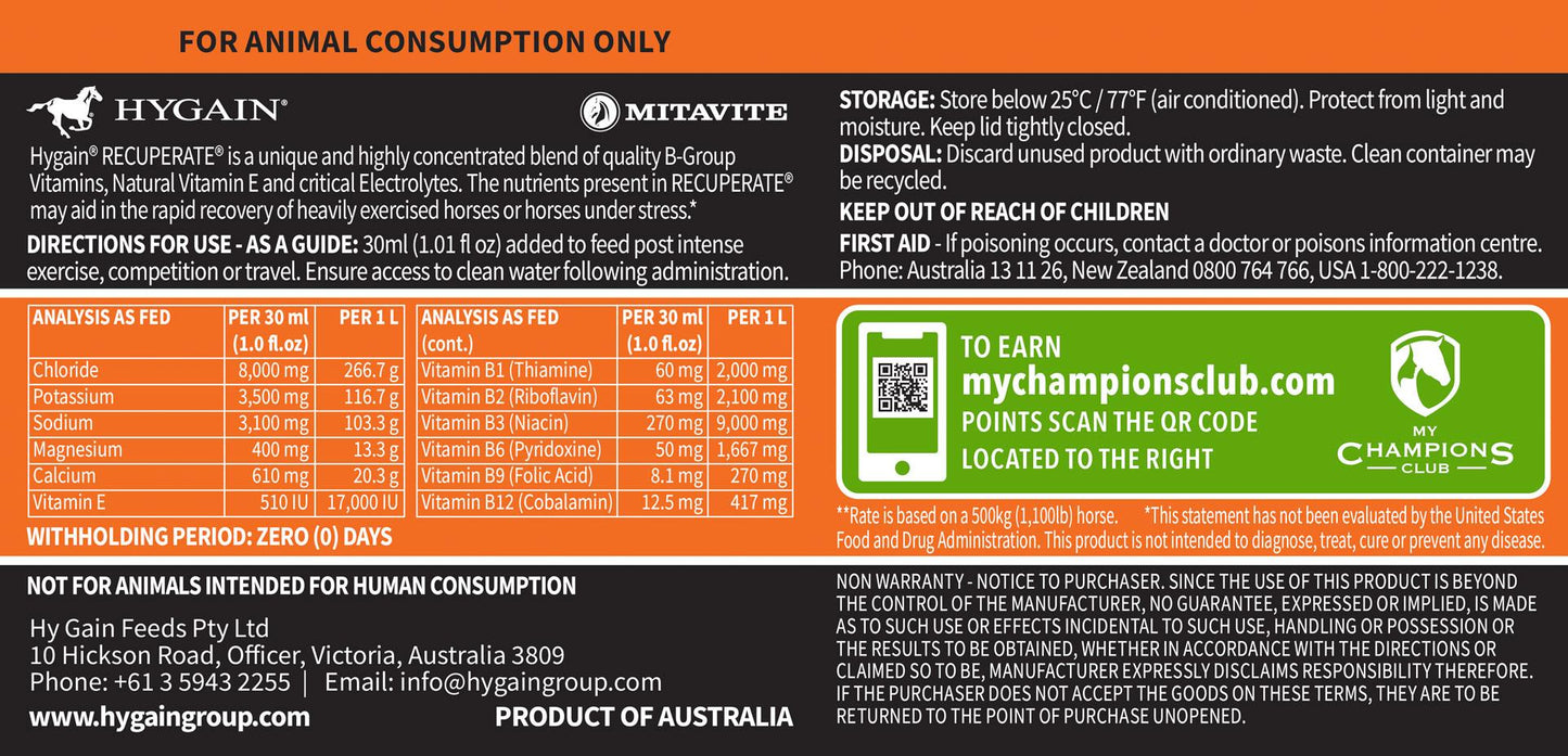 Hygain Recuperate Horses Electrolyte & B Group Supplement 500ml