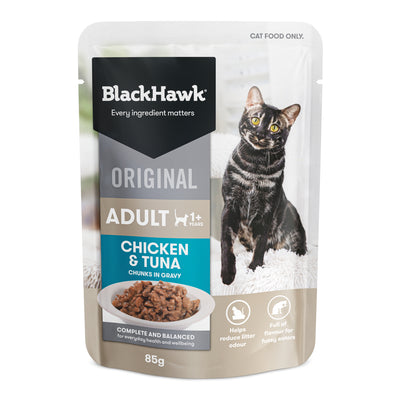 BLACK HAWK CAT 7+ CHICKEN TUNA IN GRAVY 85G 12PK
