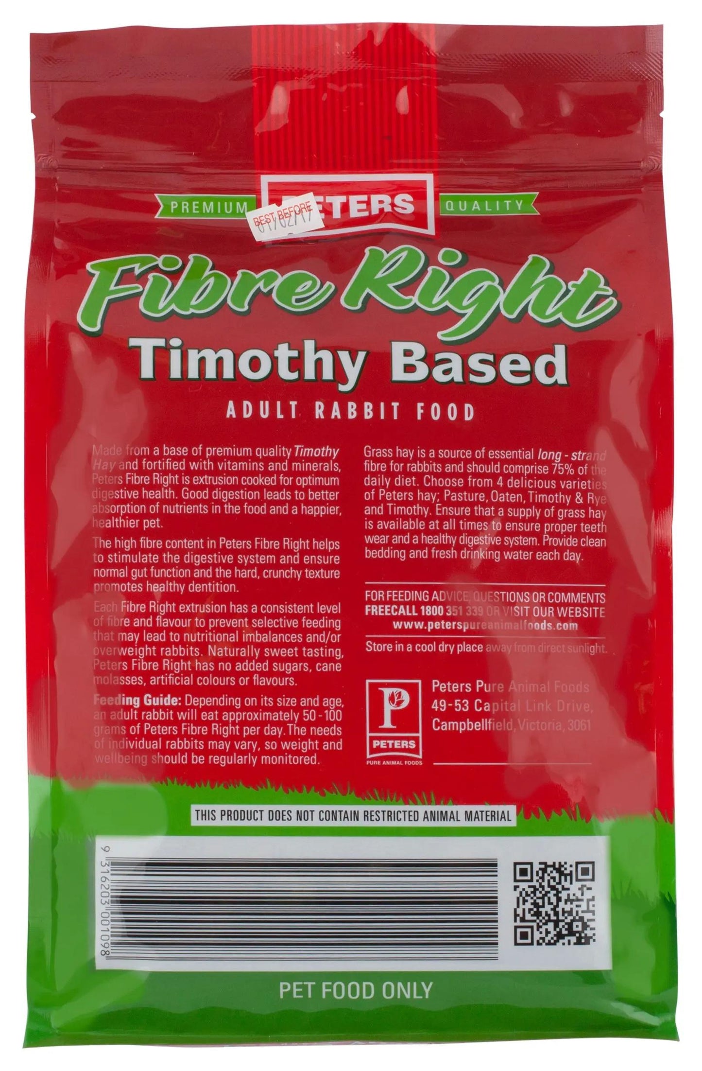 Peters Fibre Right Timothy Based Adult Rabbit Food 1kg