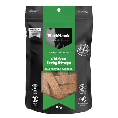 BLACK HAWK DOG TREATS CHICKEN JERKY STRAPS 100G