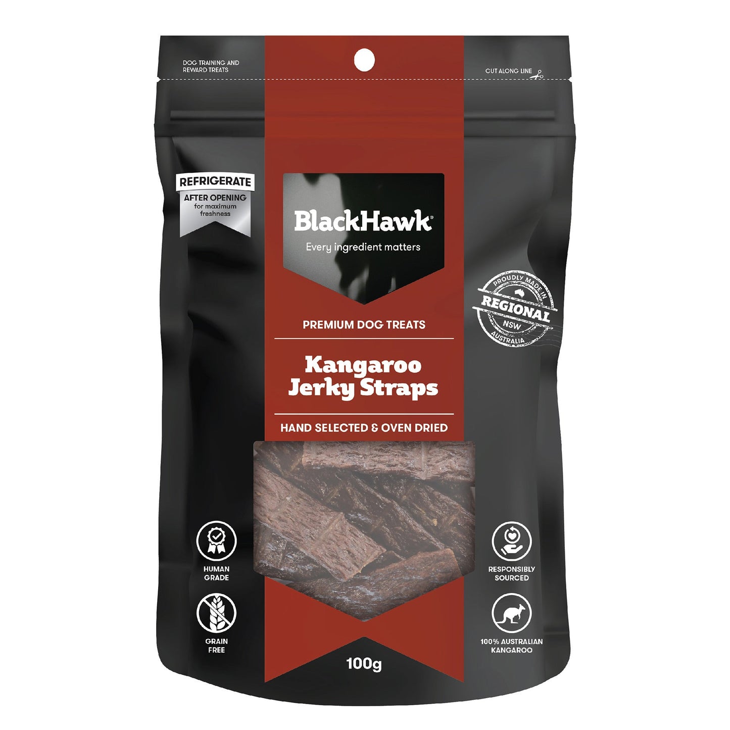 BLACK HAWK DOG TREATS KANGAROO JERKY STRAPS 100G