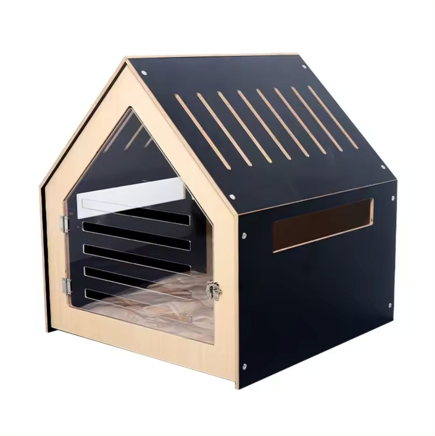 Modern Indoor Dog Crate - Black Plywood & Acrylic Door | 58 × 58 × 63 cm