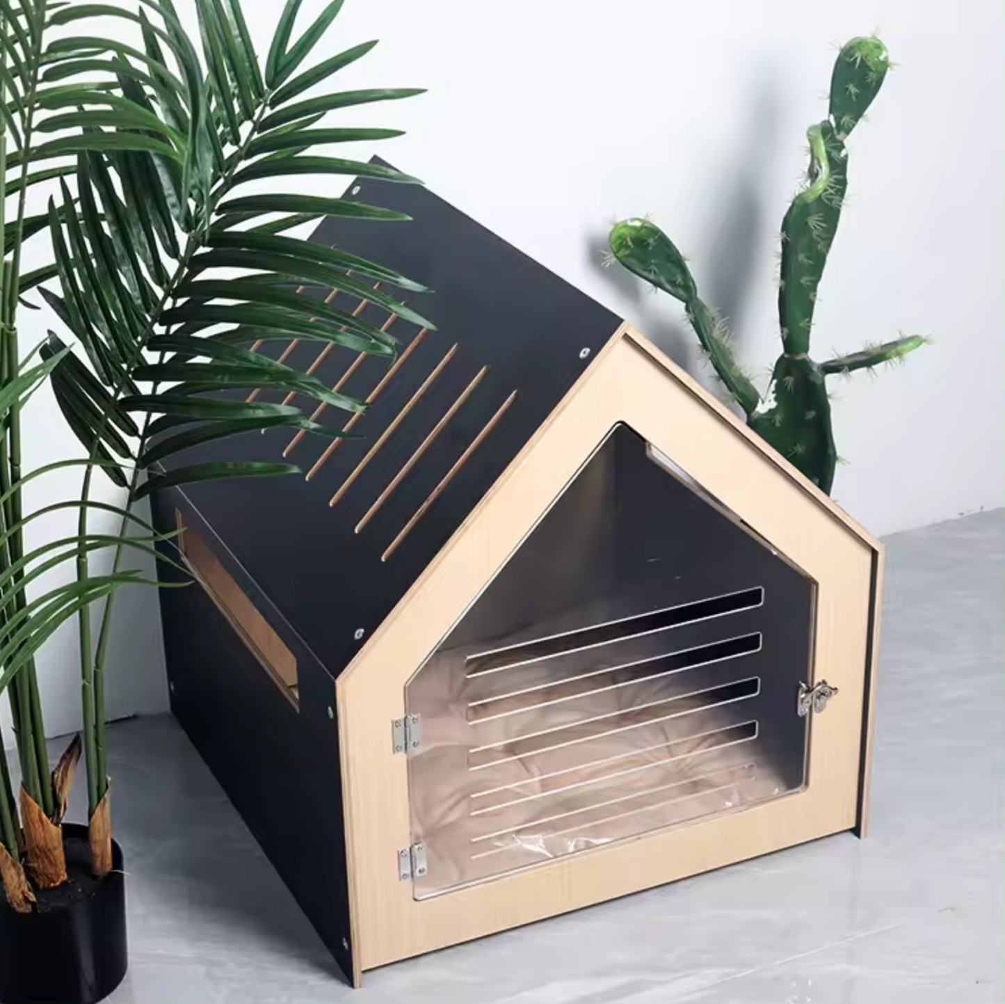 Modern Indoor Dog Crate - Black Plywood & Acrylic Door | 58 × 58 × 63 cm