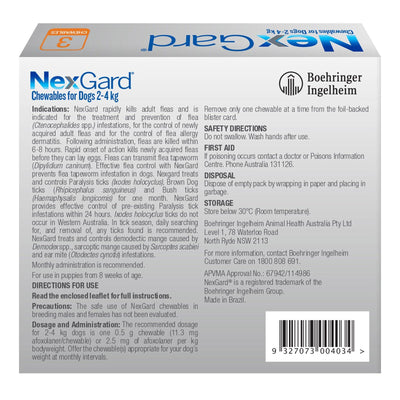 Nexgard Flea & Tick Treatment 2-4kg Dog - 3pk
