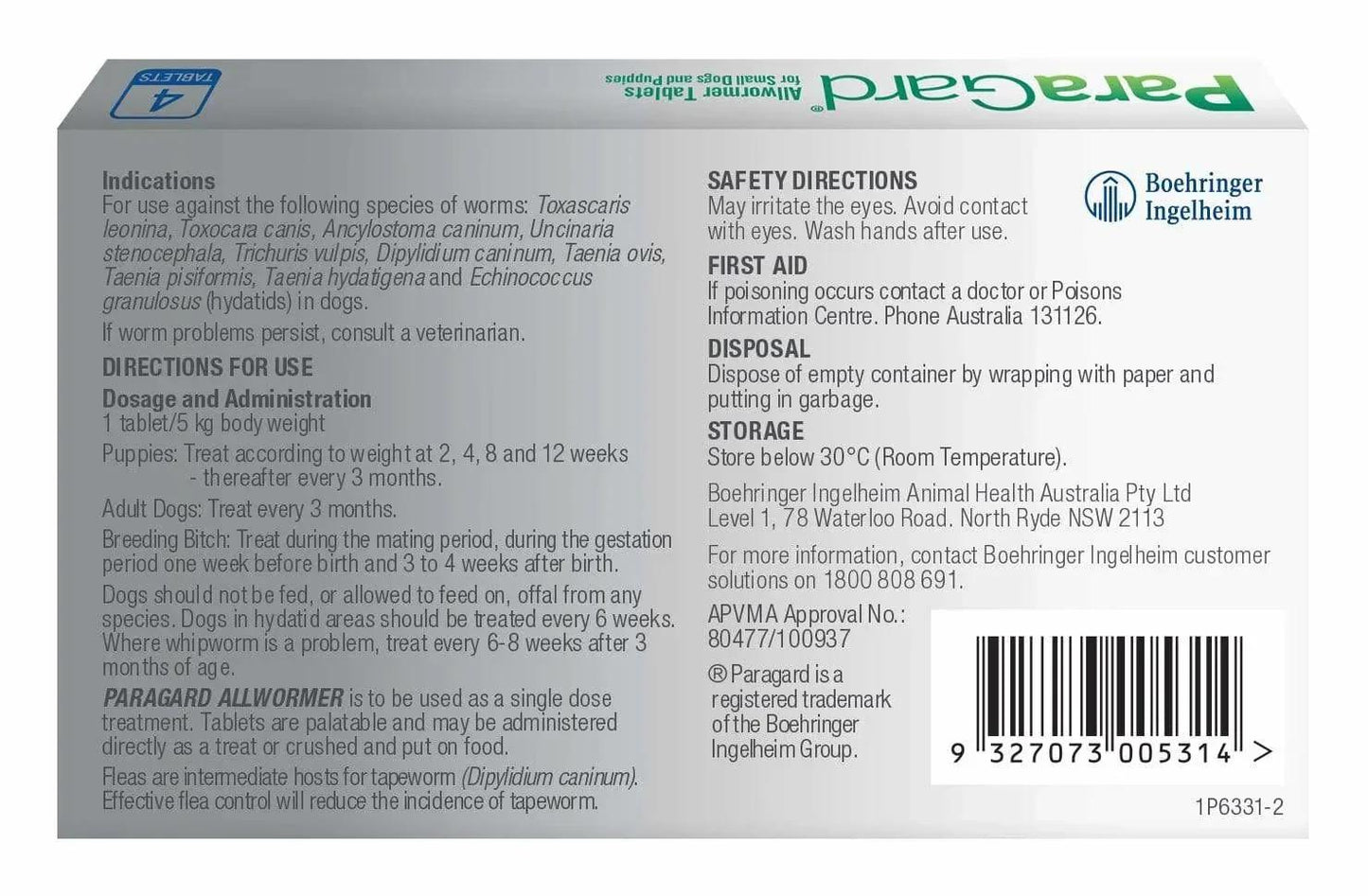 Paragard Dog Allwormer 0-5kg 4pk