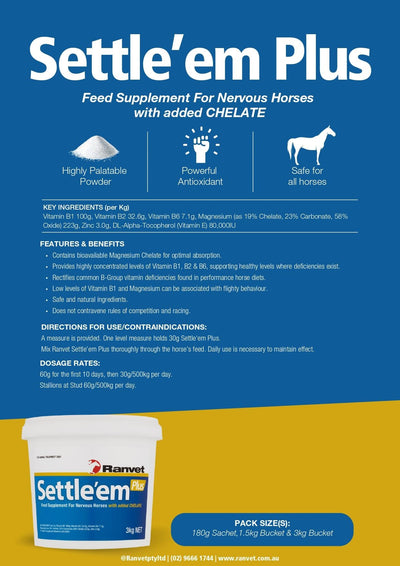 Ranvet Settle Em Plus Feed Supplement For Nervous/Anxious Horses 180g