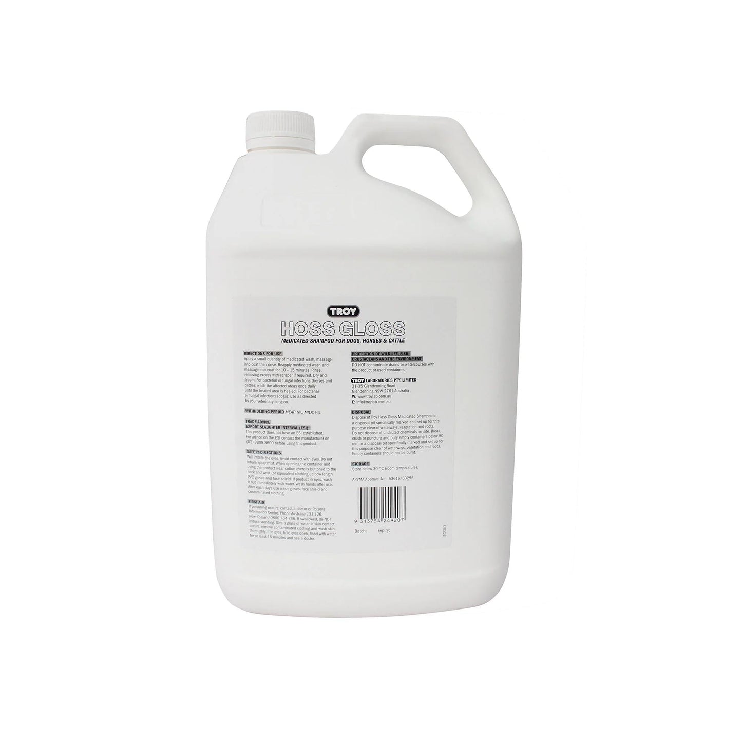 Troy Hoss Gloss Medicated Shampoo And Fungal Infection Horse Cattle 5L