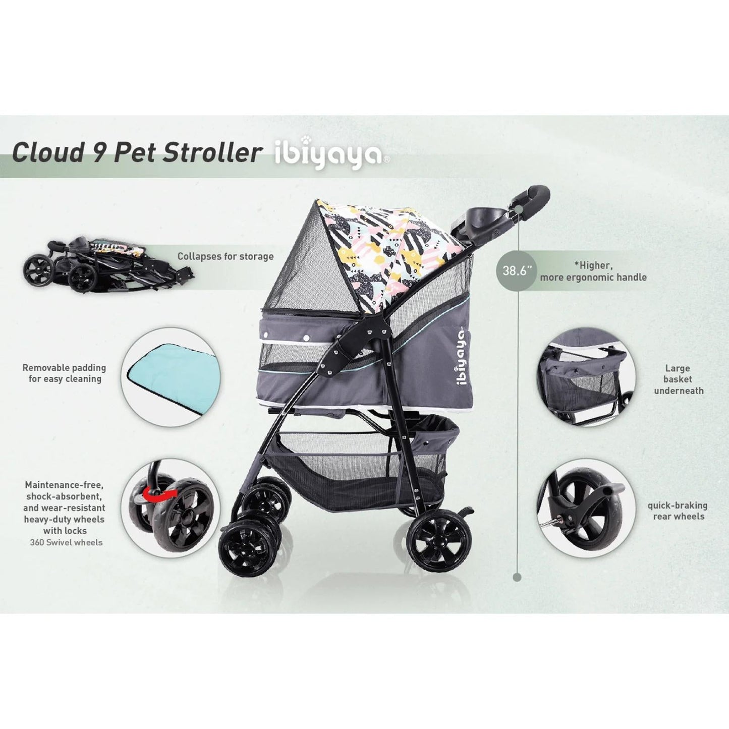 Ibiyaya Cloud 9 Pet Stroller For Cats & Dogs Up To 20kg - Mint Green