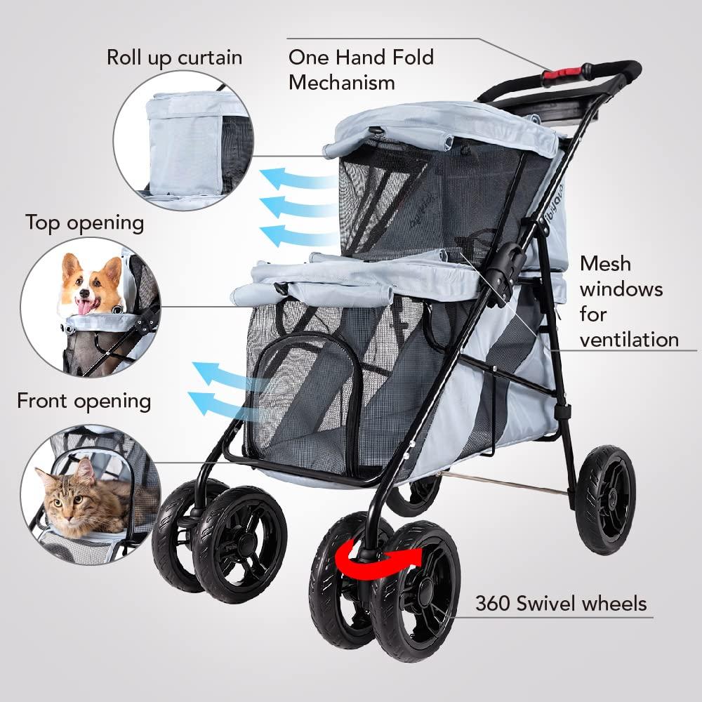 Ibiyaya Double Decker Pet Stroller For Multiple Pets - Silver Gray
