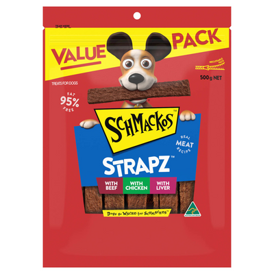 Schmackos Snacks Strapz 3pk Variety 500g 4pk