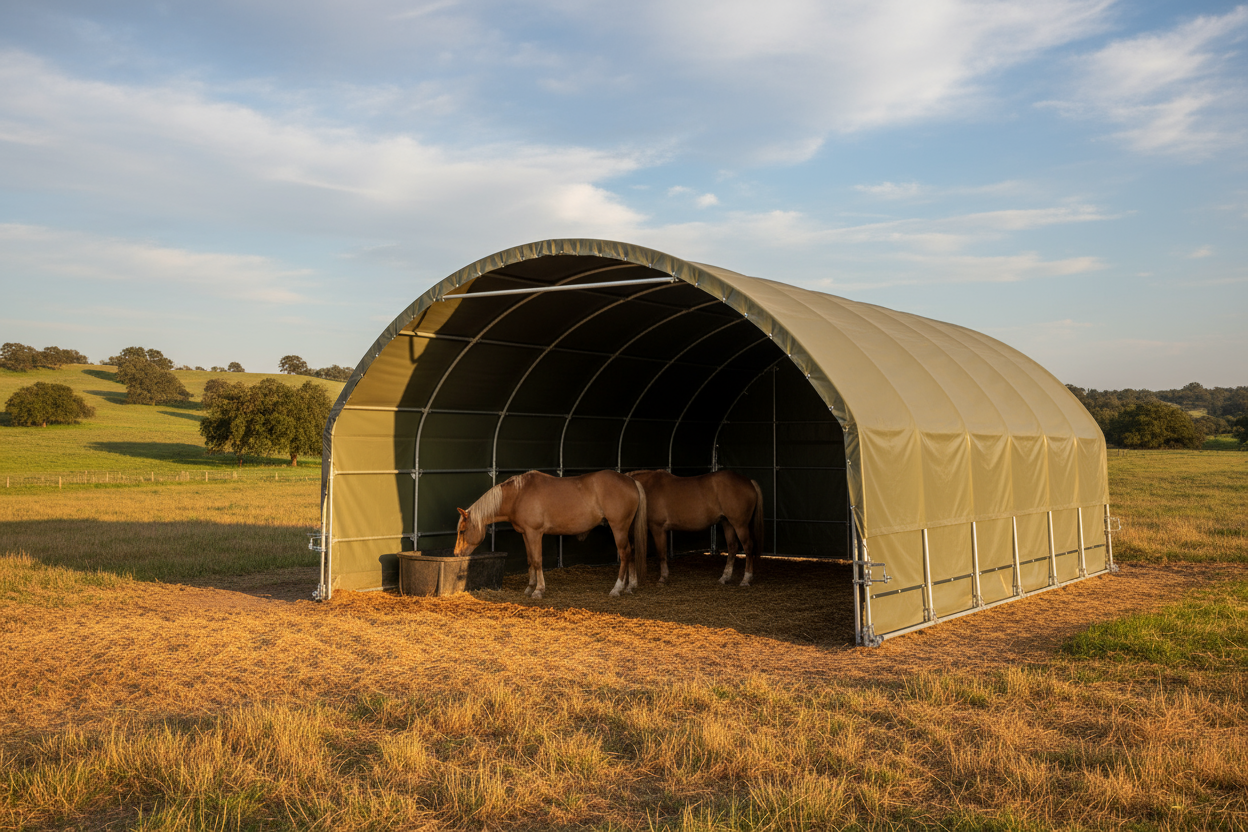 rounded livestock tent ensclosure for horses to stand under. metal frame that attachs to an un-suppleid farm fence