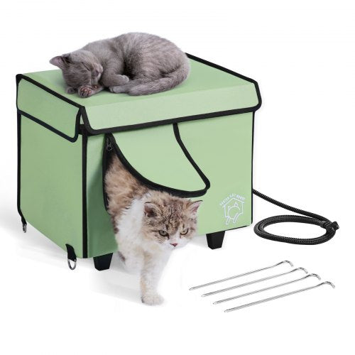 Andala Elevated Heated Cat House – Cuboid Kitty Shelter w/ Heated Pad, Green (S)