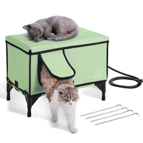 Andala Elevated Heated Cat House – Cuboid Kitty Shelter w/ Heated Pad, Green (L)