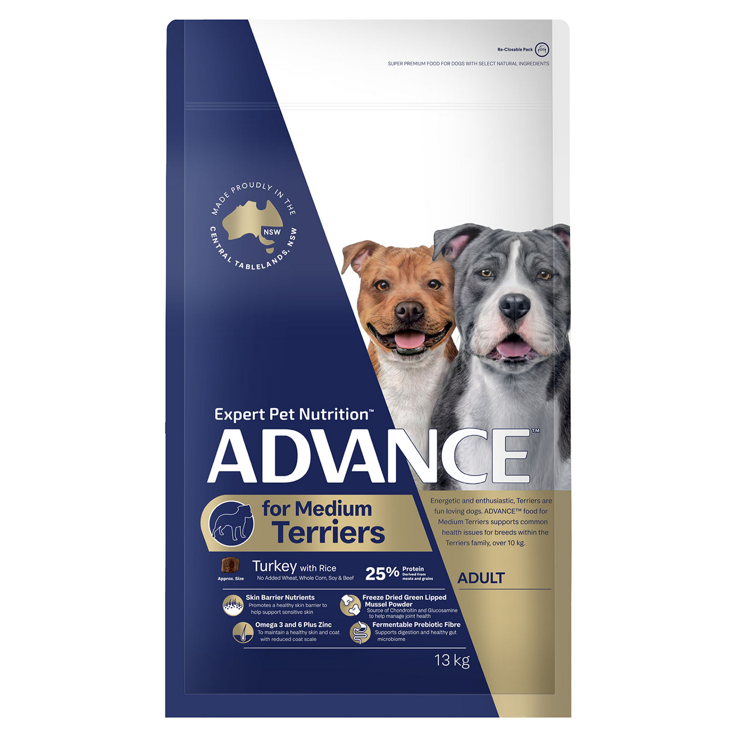Advance Medium Terriers Adult Dry Dog Food Turkey With Rice 13kg