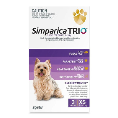 Simparica Trio Purple Flea, Tick & Worm Chews 2.6-5kg 3 Pack
