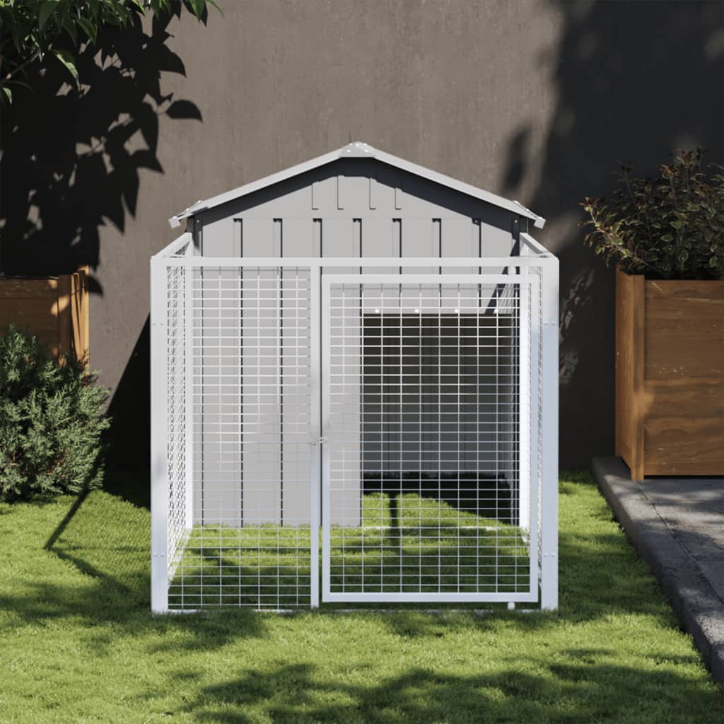 Andala Pets Dog House with Run Light Grey 117x201x123 cm Galvanised Steel