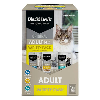 Black Hawk Original Adult Pouches Chunks in Gravy Wet Cat Food Variety Pack 12 x 85g