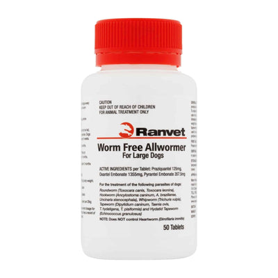 Ranvet Worm Free Large Dogs Allwormer Treatment White 25kg 50 Tablets