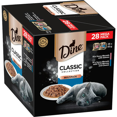 Dine Classic Collection Saucy Morsels with Salmon & Saucy Morsels with Tuna Mornay and Cheese Wet Cat Food 28 Pack