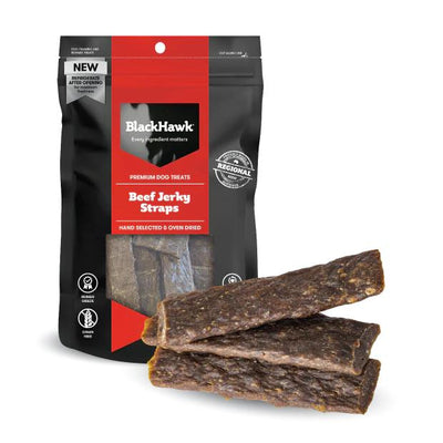 BLACK HAWK DOG TREATS BEEF JERKY STRAPS 100G