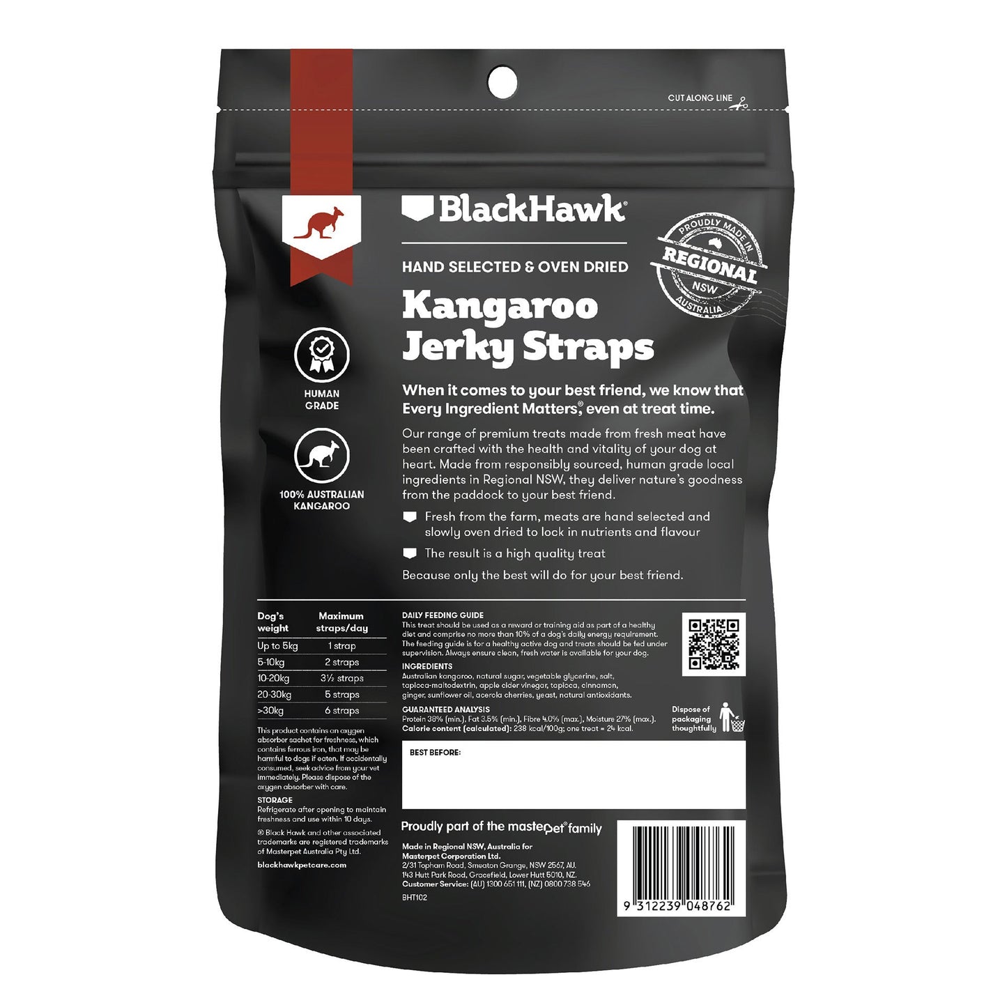 Black Hawk Dog Treats Kangaroo Jerky Straps 100g