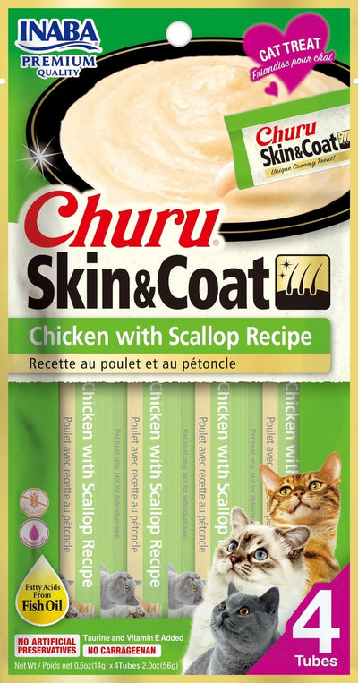 INABA CAT CHURU PUREE SKIN & COAT CHKN SCALLOP 56G 6PK