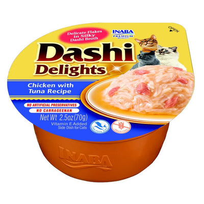 INABA DASHI DELIGHTS CUP CHKN TUNA & SCALLOP 70G 6PK