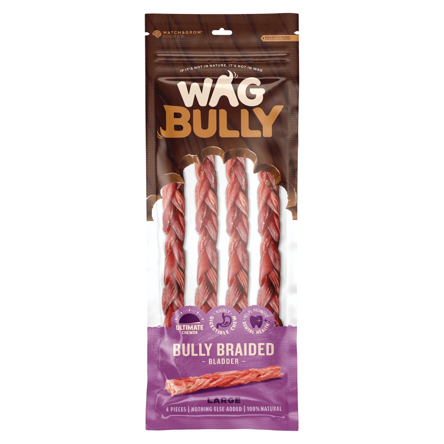 WAG BRAIDED BULLY STICK LARGE 4 PACK