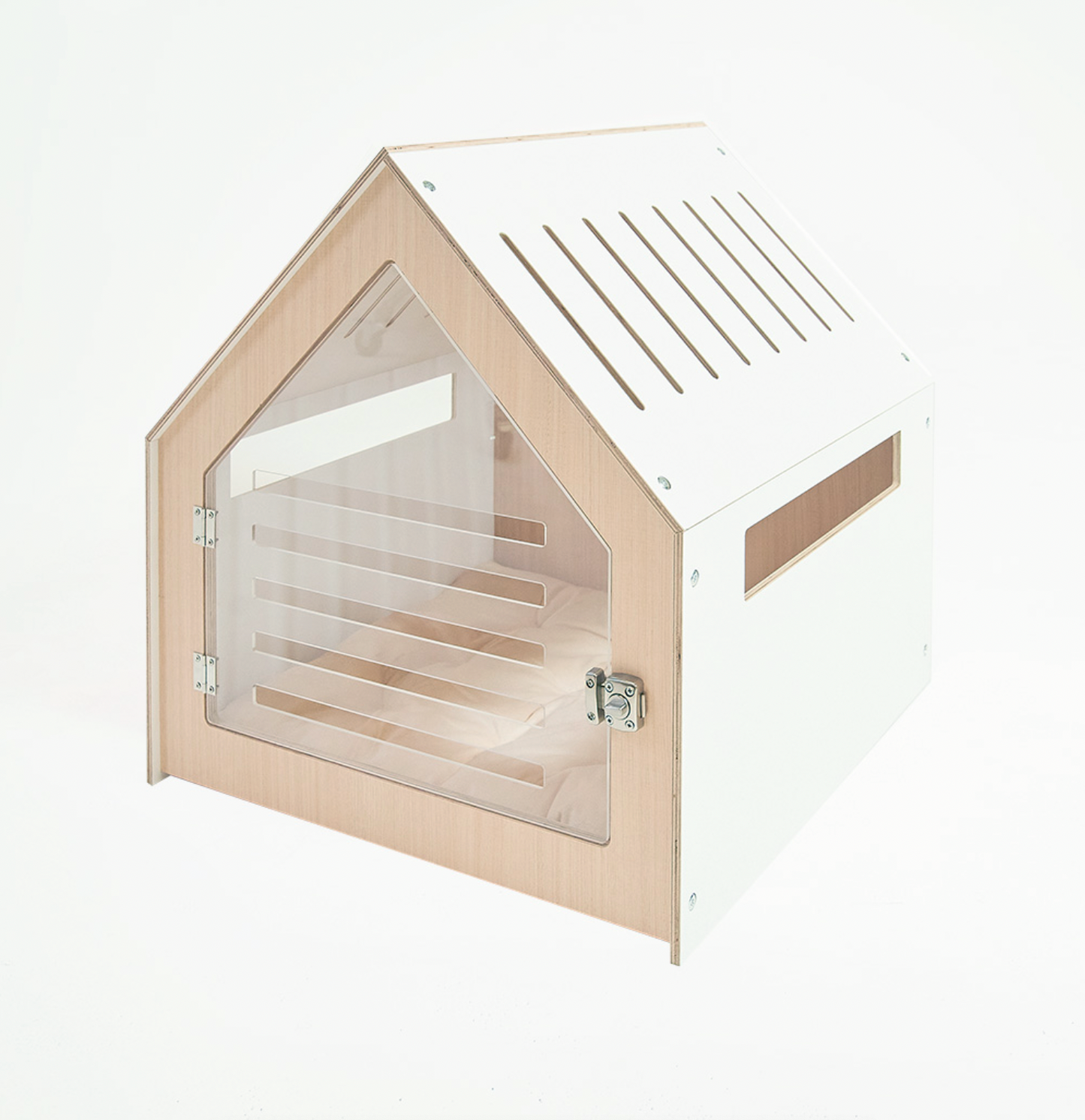 Modern Indoor Dog Crate - White Plywood & Acrylic Door | 58 × 58 × 63 cm