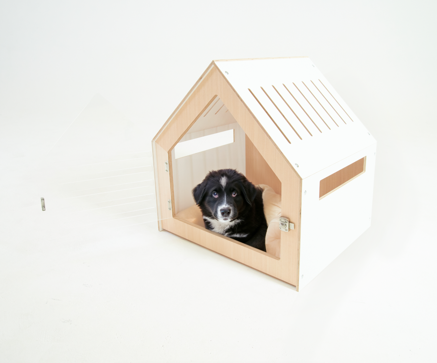 Modern Indoor Dog Crate - White Plywood & Acrylic Door | 58 × 58 × 63 cm