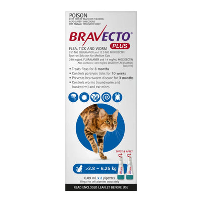 Bravecto Plus Cat Med 2.8kg - 6.25kg Blue