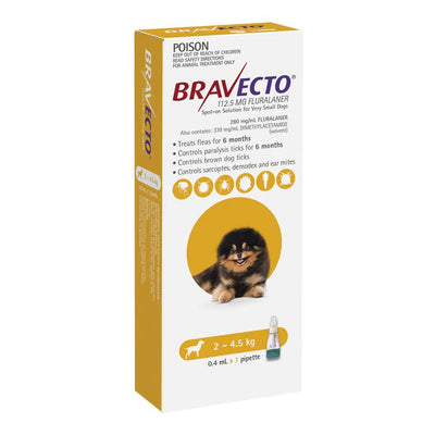 BRAVECTO SPOT ON DOG X SML 2KG - 4.5KG YELLOW