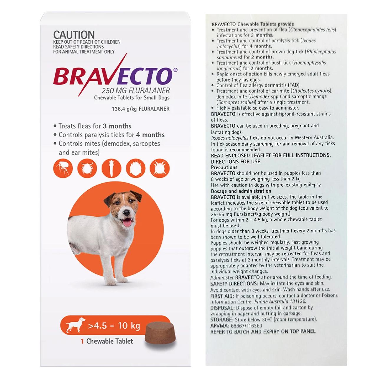 Bravecto Spot On Dog Sml 4.5kg - 10kg Orange