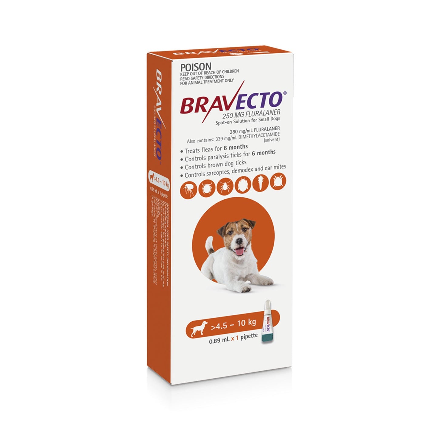Bravecto Spot On Dog Sml 4.5kg - 10kg Orange