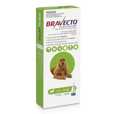 BRAVECTO SPOT ON DOG MED 10KG - 20KG GREEN