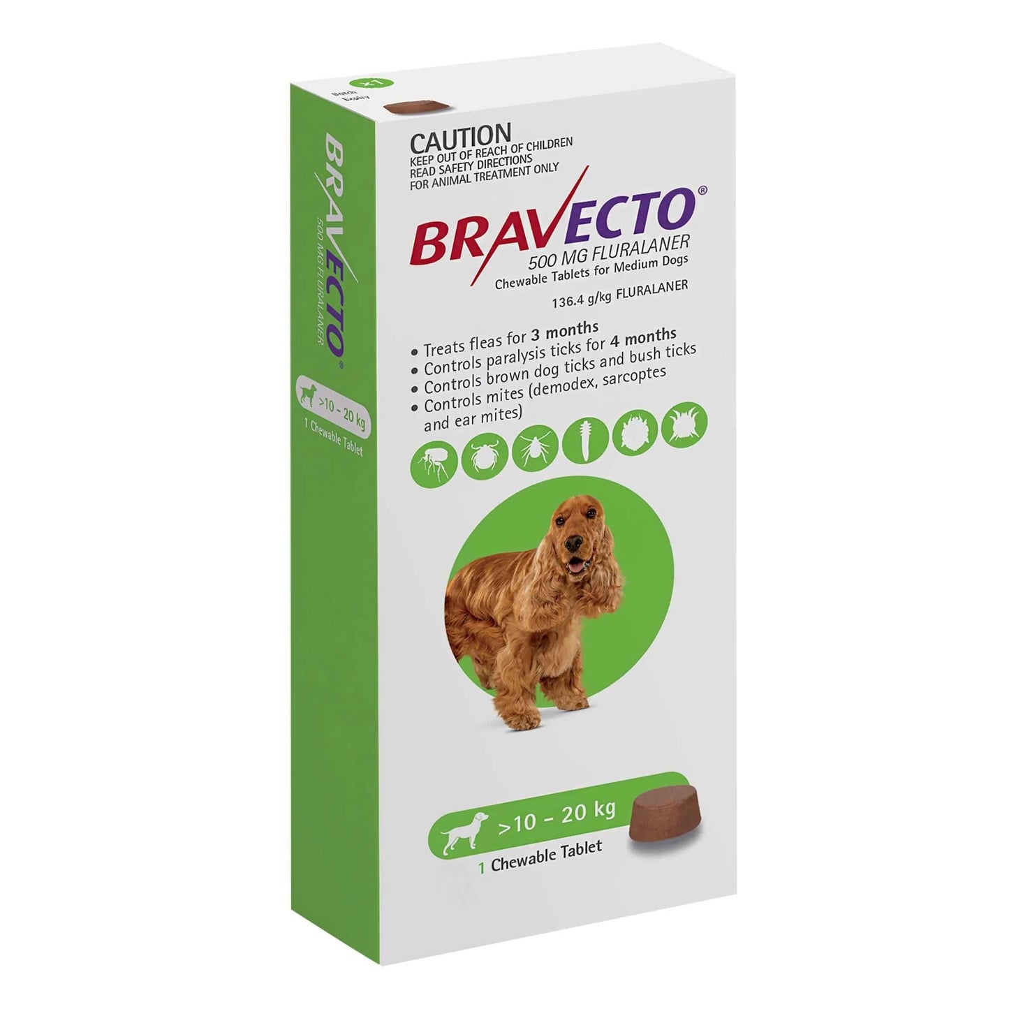 Bravecto Flea And Tick Chew For Medium Dogs 10kg-20kg Green