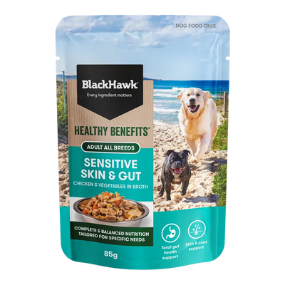 Black Hawk Healthy Sensitive Skin & Gut Wet Dog Food Pouches 85g x 12pk