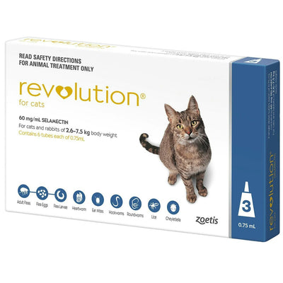 Revolution Flea Heartworm And Worming Treatment For Cats 2.6-7.5kg Blue 3 Pack