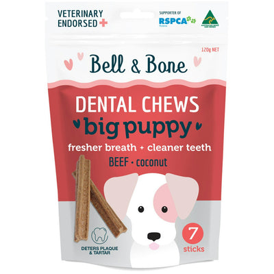 Bell & Bone Dental Chews Big Puppy Dog Treats Beef & Coconut 7 Pack